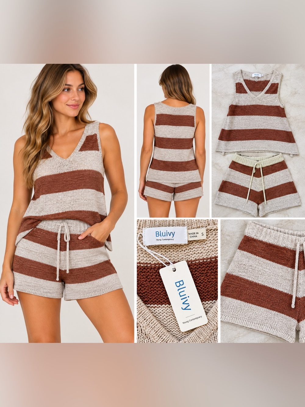 🤎 Bluivy NWT Striped Knit Lounge Set Size Small • Sweater Tank & Shorts